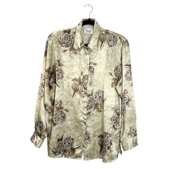 Vintage tan brown floral satin long sleeve top blouse - Picture 3 of 12